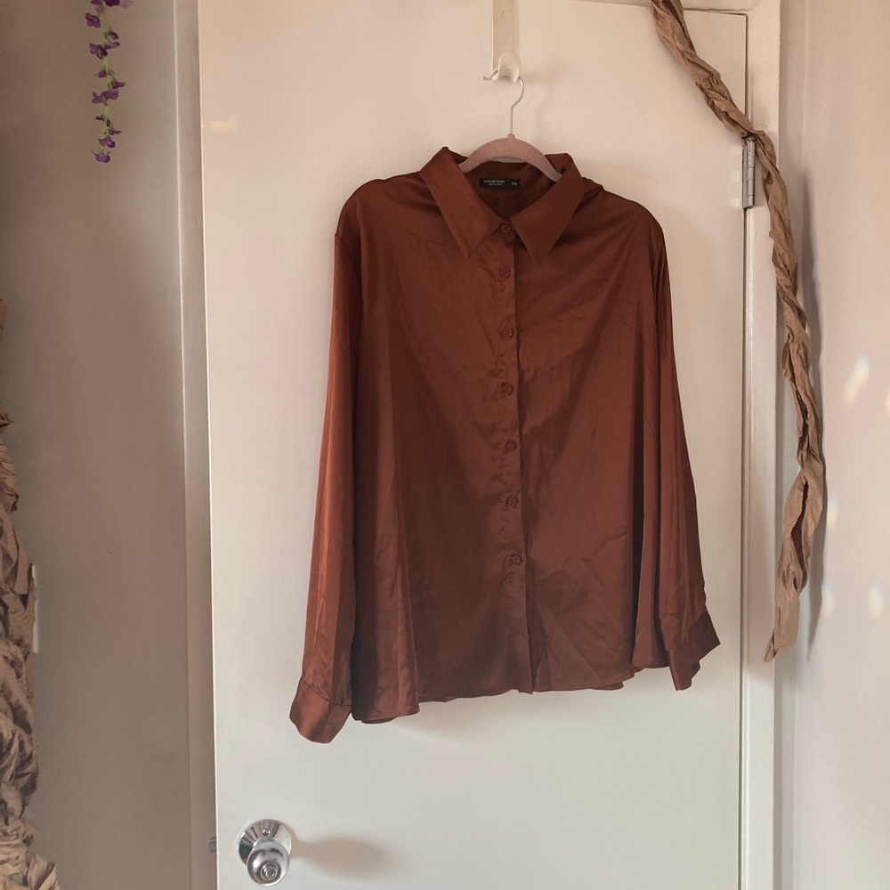 Brown satin button down Shein NWT